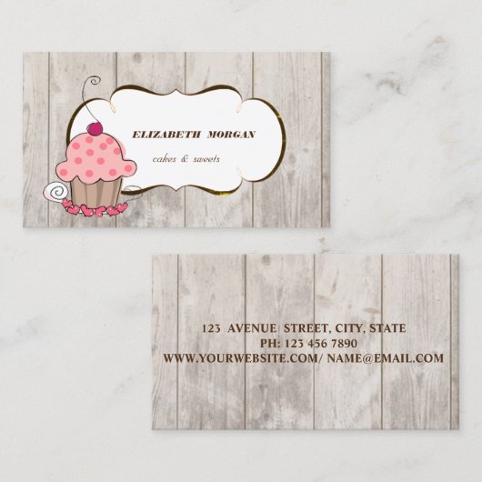 Romantic Cupcake bakkerij, houtextuur Visitekaartje (Voorkant / Achterkant)