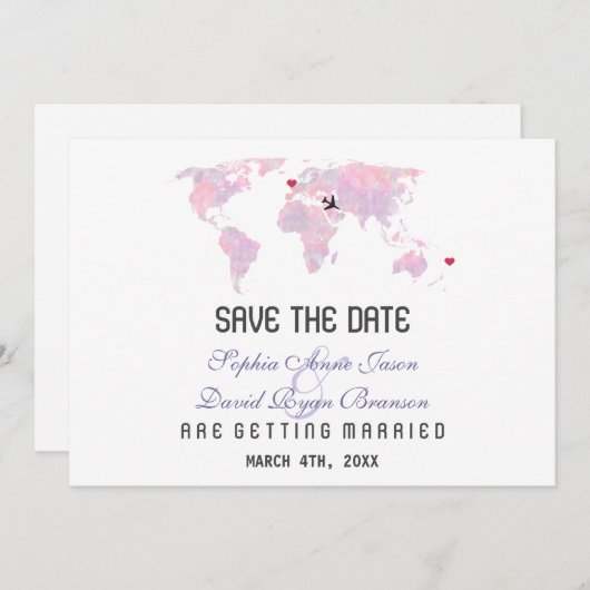 Romantic Custom Destination Wereldkaart Wedding Save The Date (Voorkant / Achterkant)