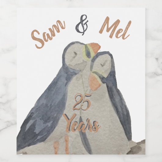 Romantic Cute Jubileum Vogels Waterverf Puffins Wijn Etiket (Enkel label)