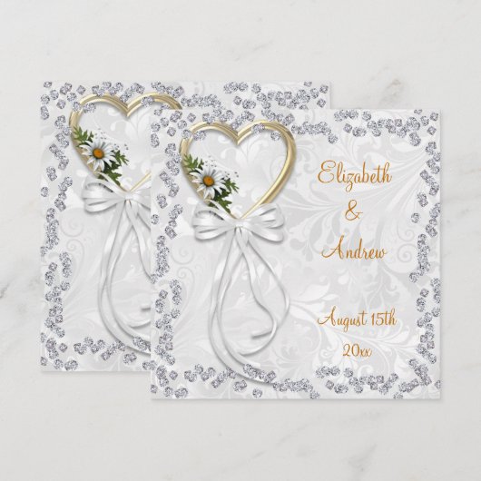 Romantic Daisy, Diamonds en White Ribbon Wedding Kaart (Voorkant / Achterkant)