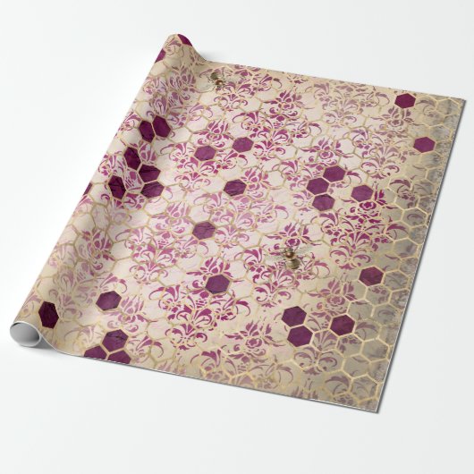  Romantic Damask Bee Burgundy Gold Cadeaupapier (Uitgerold)