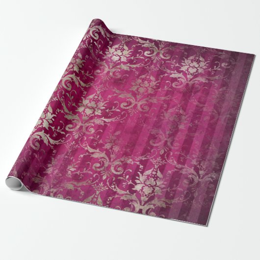  Romantic Damask Burgundy Gold Cadeaupapier (Uitgerold)