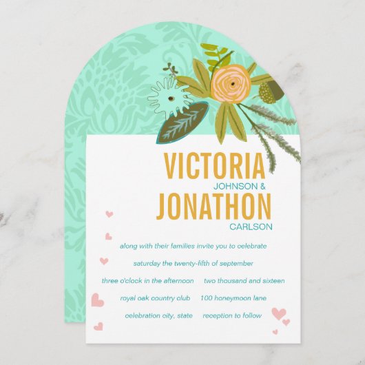 Romantic Damask Mint en Gold Wedding Invitations Kaart (Voorkant / Achterkant)