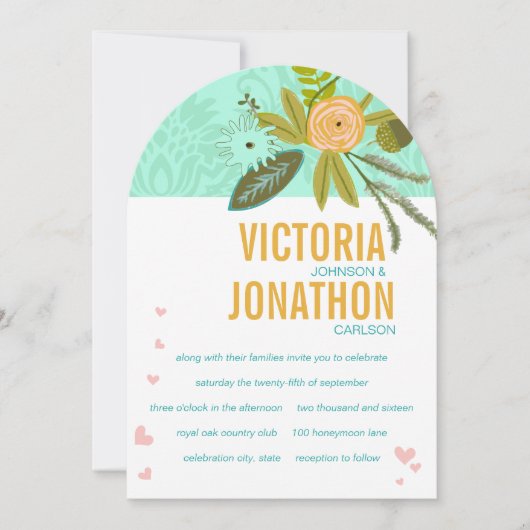 Romantic Damask Mint en Gold Wedding Invitations Kaart (Voorkant)