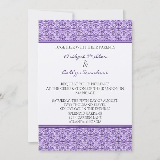 Romantic Damask Wedding Invite, Eggplant Kaart (Voorkant)