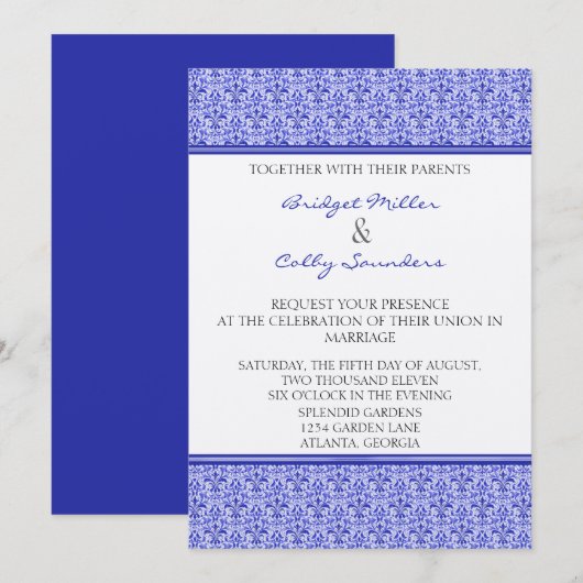 Romantic Damask Wedding Invite, Royal Blue Kaart (Voorkant / Achterkant)