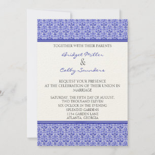 Romantic Damask Wedding Invite, Royal Blue Kaart