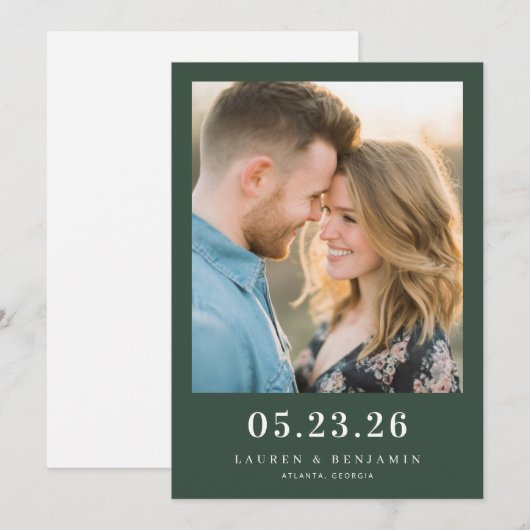 Romantic Dark Green Minimalist Photo Save The Date (Voorkant / Achterkant)