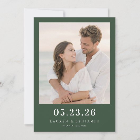 Romantic Dark Green Photo Save The Date (Voorkant)
