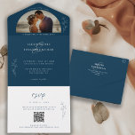 Romantic Dark & Moody Blue Wedding Foto All In One Uitnodiging<br><div class="desc">Een modern en romantisch stemmingsvormend ontwerp in donkerblauw van de marine, voorzien van botanische en calligrafische manuscriptaccenten. Volg de bovenstaande gids om persoonlijke trouwgegevens met je favoriete foto te vervangen. Een alle-in-één trouwuitnodiging die een rsvp kaart met de optie omvat om de QR code af te tasten, en/of uw trouwwebsite...</div>