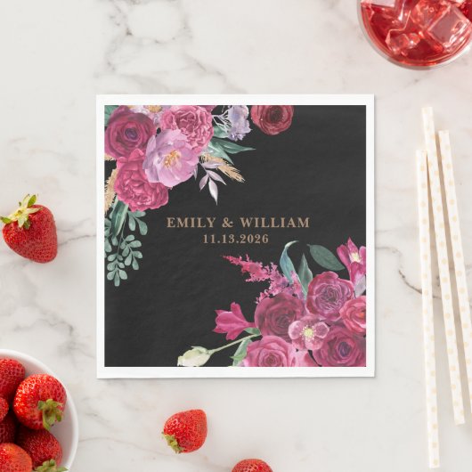 Romantic Dark Moody Burgundy  Floral Black Wedding Servet (Insitu)