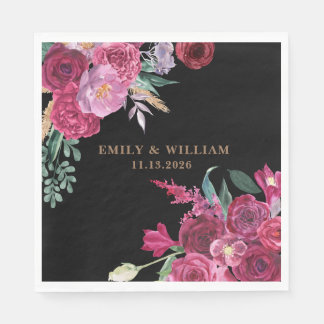 Romantic Dark Moody Burgundy Floral Black Wedding Servet
