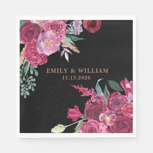 Romantic Dark Moody Burgundy  Floral Black Wedding Servet (Voorkant)