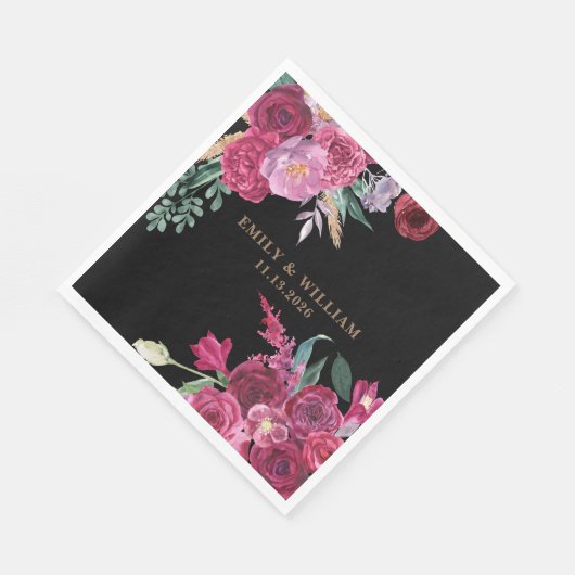Romantic Dark Moody Burgundy  Floral Black Wedding Servet (Hoek)