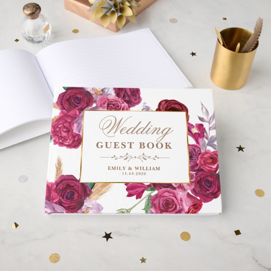 Romantic Dark Moody Burgundy Maroon Floral Wedding Gastenboek (Voorkant open)