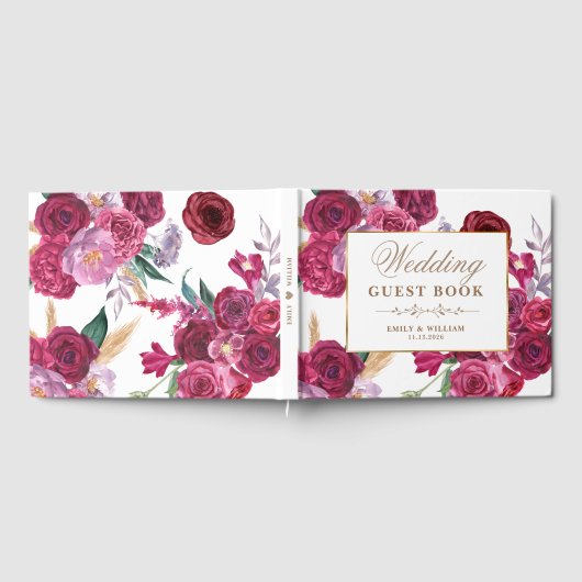 Romantic Dark Moody Burgundy Maroon Floral Wedding Gastenboek (Volledig)