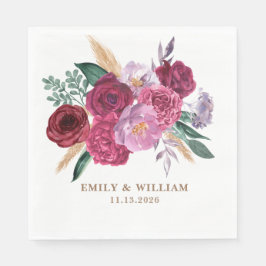 Romantic Dark Moody Burgundy Maroon Floral Wedding Servet