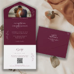 Romantic Dark & Moody Burgundy Weduwfoto All In One Uitnodiging<br><div class="desc">Een modern en romantisch stemmingsvormend design in een donkere Bourgogne, voorzien van botanische en kalligrafische scriptopaccenten. Volg de bovenstaande gids om persoonlijke trouwgegevens met je favoriete foto te vervangen. Een alle-in-één trouwuitnodiging die een rsvp kaart met de optie omvat om de QR code af te tasten, en/of uw trouwwebsite te...</div>