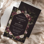 Romantic Dark Moody Floral Wedding Kaart<br><div class="desc">Ideaal voor elegante formele avondbruiloften, en herfst- of winterthema's. Deze romantische huwelijksuitnodiging is uitgerust met donkere, moody-schotwedfloralen met een geometrisch lijst, en een extreem donkere, bijna zwarte achtergrond. Vind de rest van de huwelijksuitnodigingsreeks en meer passende producten in het collectie, of bericht me door het Praatje van Zazzle voor extra...</div>