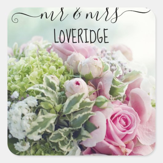 Romantic de heer en Mrs Pink Rose Floral Wedding Vierkante Sticker (Voorkant)