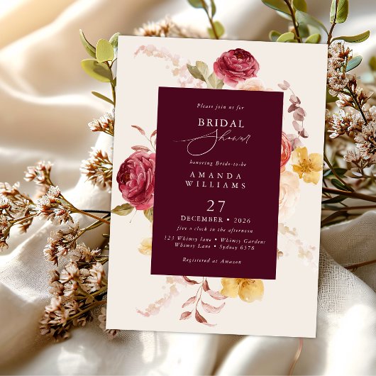 Romantic Deep Burgundy Floral Bridal Shower Kaart