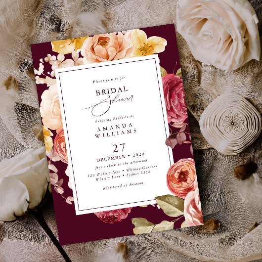 Romantic Deep Burgundy Floral Bridal Shower Kaart