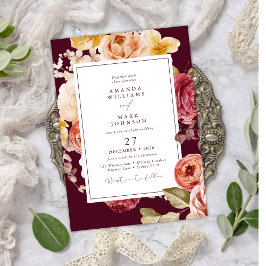 Romantic Deep Burgundy Floral Elegant Wedding  Kaart