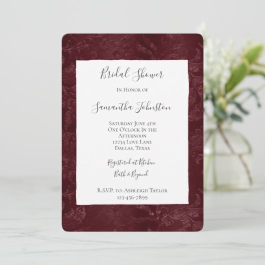 Romantic Deep Red Burgundy Floral Bridal Shower Kaart (Staand voorkant)