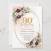 Romantic Deep Red Floral Gold 90th Birthday Invite Kaart (Voorkant)