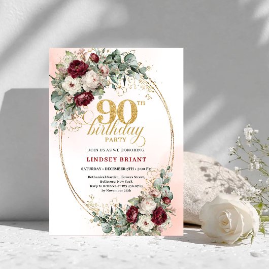 Romantic Deep Red Floral Gold 90th Birthday Invite Kaart