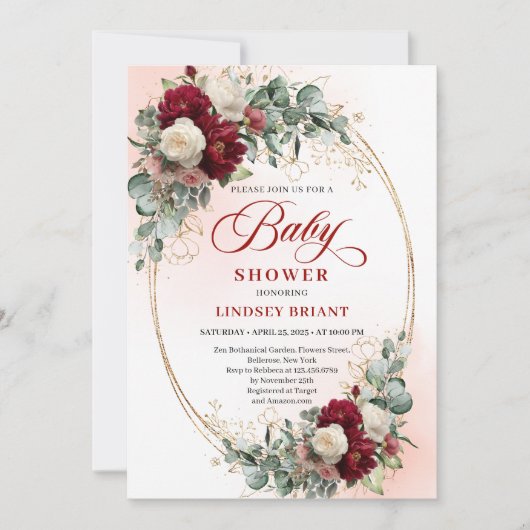 Romantic Deep Red Peony Baby Shower Invitation Kaart (Voorkant)