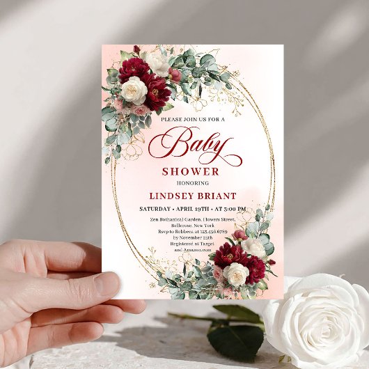 Romantic Deep Red Peony Baby Shower Invitation Kaart