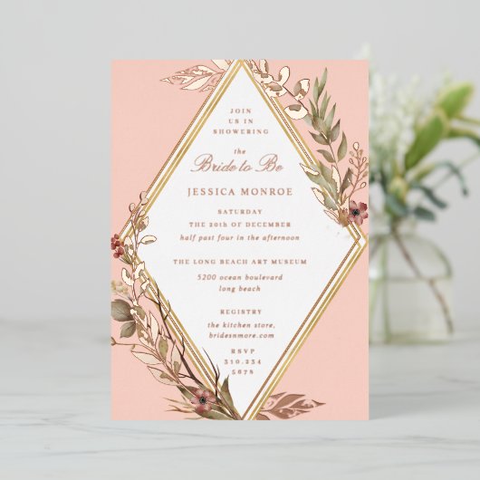 Romantic Diamond Floral Vrijgezellenfeest Folie Uitnodiging (Staand Voorkant)