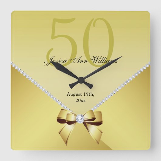 Romantic Diamonds & Gold Bow 50e verjaardag Vierkante Klok (Voorkant)