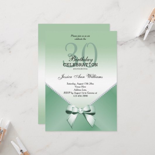 Romantic Diamonds & Mint Green Bow 30th Birthday Kaart (Voorkant / Achterkant in situ)