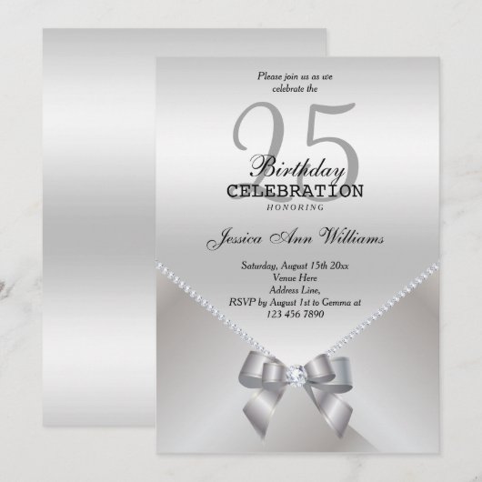 Romantic Diamonds & Silver Bow 25th Birthday Kaart (Voorkant / Achterkant)