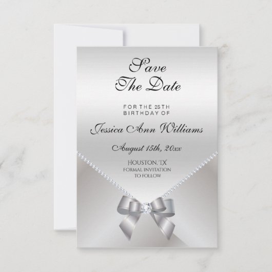 Romantic Diamonds & Silver Bow 25th Save the Date (Voorkant)