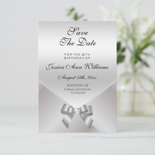 Romantic Diamonds & Silver Bow 25th Save the Date (Staand voorkant)