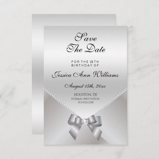 Romantic Diamonds & Silver Bow 25th Save the Date (Voorkant / Achterkant)