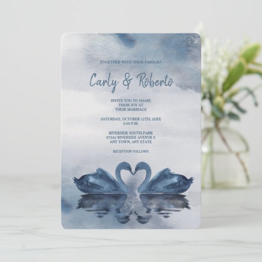 Romantic Double Blue Swan Wedding Kaart (Staand voorkant)