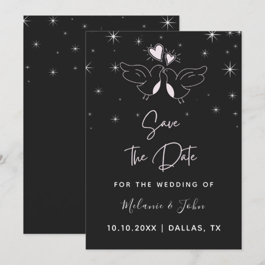 Romantic Doves Bird Elegant Sparkly Black Modern Save The Date (Voorkant / Achterkant)