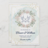 Romantic Doves  Pink Floral Watercolor Wedding Kaart (Voorkant / Achterkant)