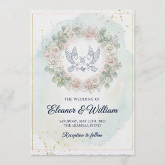 Romantic Doves  Pink Floral Watercolor Wedding Kaart