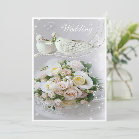 Romantic Doves, Sparkles & Rozen Weddenschap Kaart (Staand voorkant)