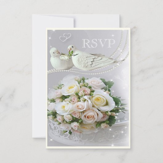 Romantic Doves, Sparkles & Rozen Weddenschap RSVP (Voorkant)