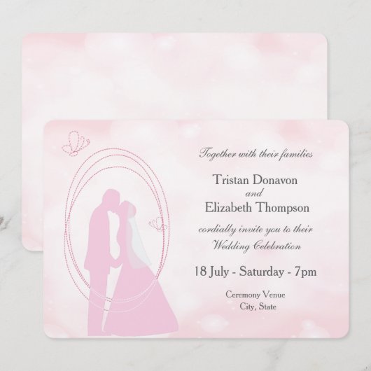Romantic Droy Pink Wedding Couple Wedding Invite Kaart (Voorkant / Achterkant)