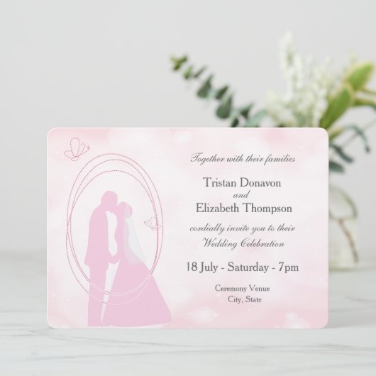 Romantic Droy Pink Wedding Couple Wedding Invite Kaart (Staand voorkant)