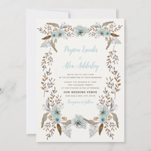 Romantic Dusty Blue Brown Boho Flowers Wedding Kaart (Voorkant)