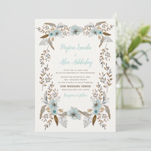 Romantic Dusty Blue Brown Boho Flowers Wedding Kaart (Staand voorkant)