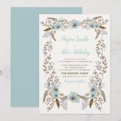 Romantic Dusty Blue Brown Boho Flowers Wedding Kaart (Voorkant / Achterkant)